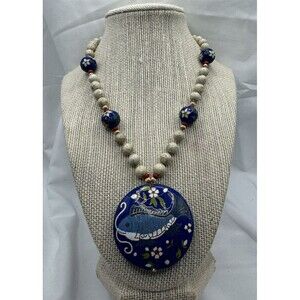 Vintage Cloisonné White Blue Beads Large Koi Fish Pendant 12k Gold Filled Clasp